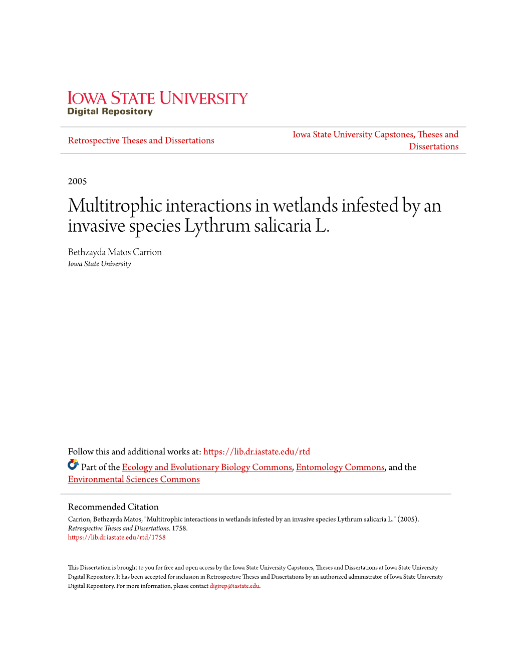 Multitrophic Interactions in Wetlands Infested by an Invasive Species Lythrum Salicaria L