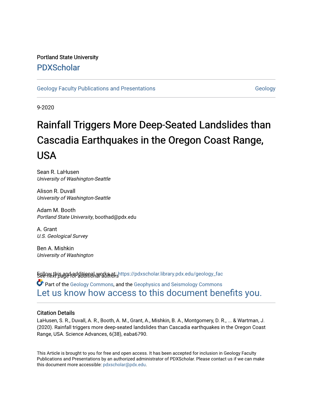 Rainfall Triggers More Deep-Seated Landslides Than Cascadia Earthquakes in the Oregon Coast Range, USA