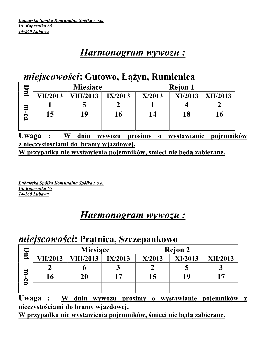 Harmonogram Wywozu