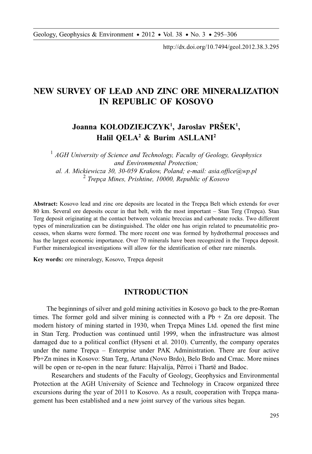 New Survey of Lead and Zinc Ore Mineralization in Republic of Kosovo