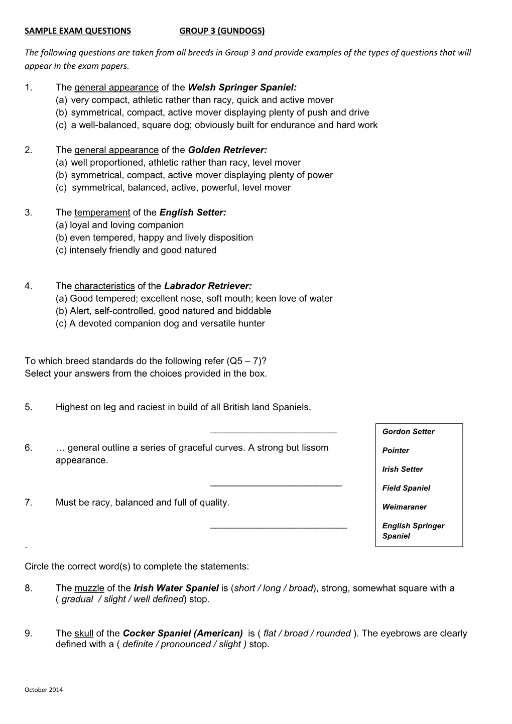 Sample Exam Questions Group 3 (Gundogs)