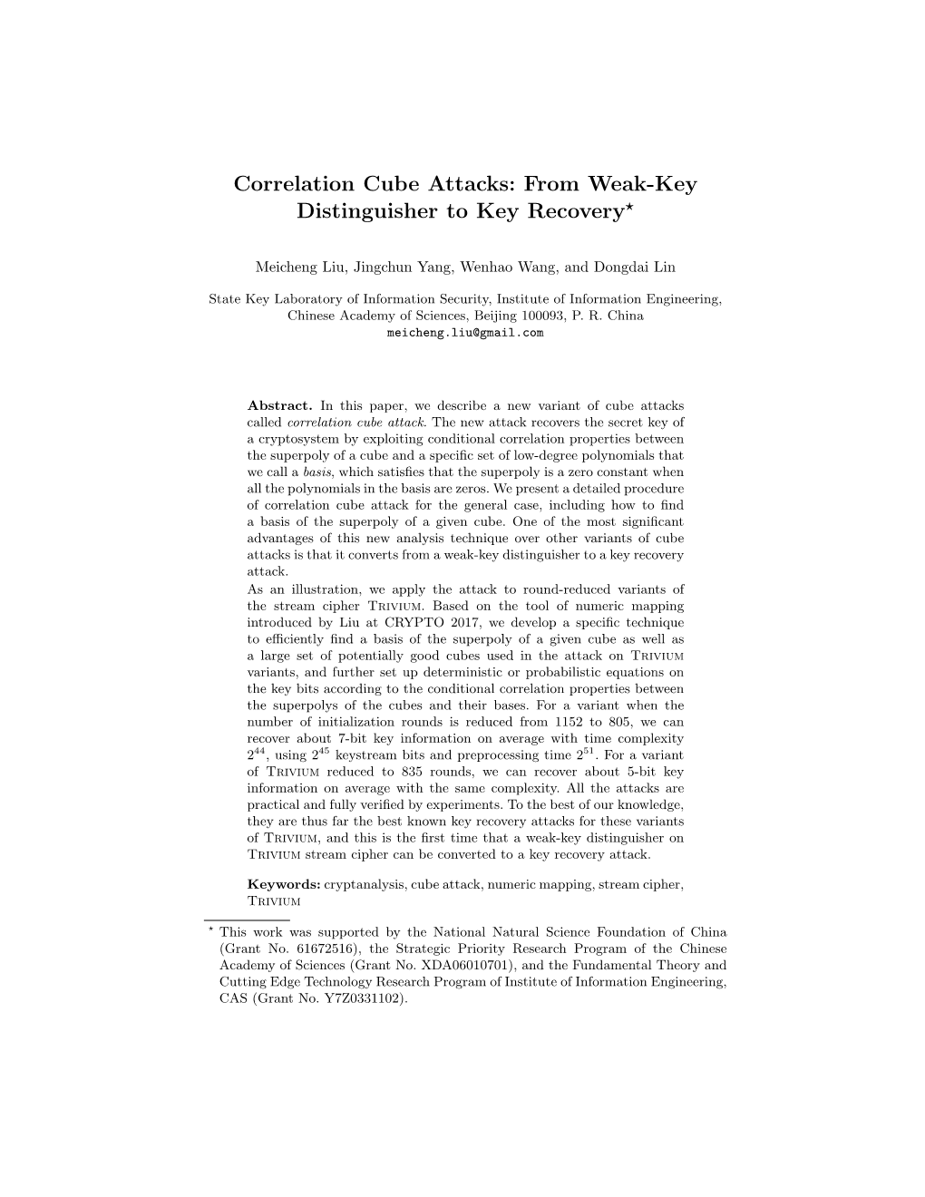 Correlation Cube Attacks: from Weak-Key Distinguisher to Key Recovery?