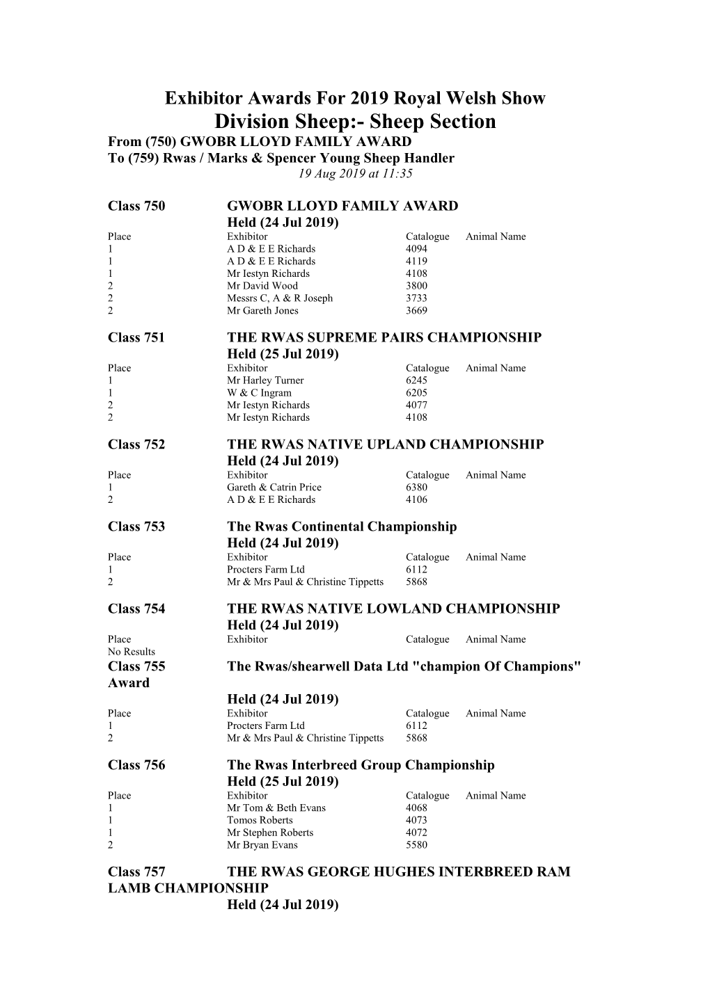 Sheep Section from (750) GWOBR LLOYD FAMILY AWARD to (759) Rwas / Marks & Spencer Young Sheep Handler 19 Aug 2019 at 11:35