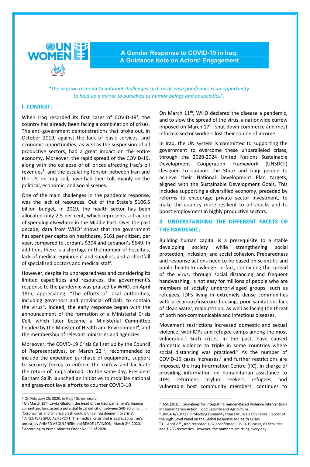 A Gender Response to COVID-19 in Iraq: a Guidance Note on Actors’ Engagement