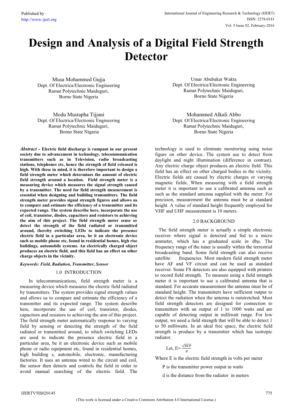 Design and Analysis of a Digital Field Strength Detector