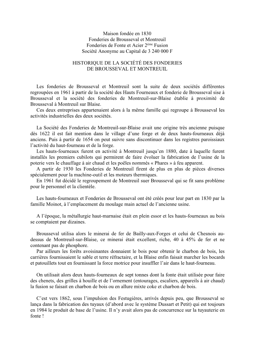 Maison Fondée En 1830 Fonderies De Brousseval Et Montreuil Fonderies De Fonte Et Acier 2Ème Fusion Société Anonyme Au Capital De 3 240 000 F