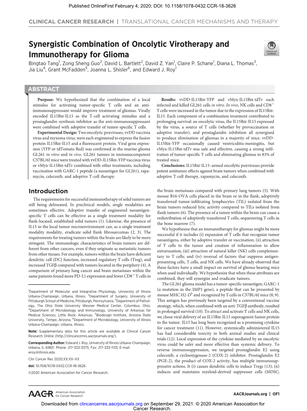 Synergistic Combination of Oncolytic Virotherapy and Immunotherapy for Glioma Bingtao Tang1, Zong Sheng Guo2, David L