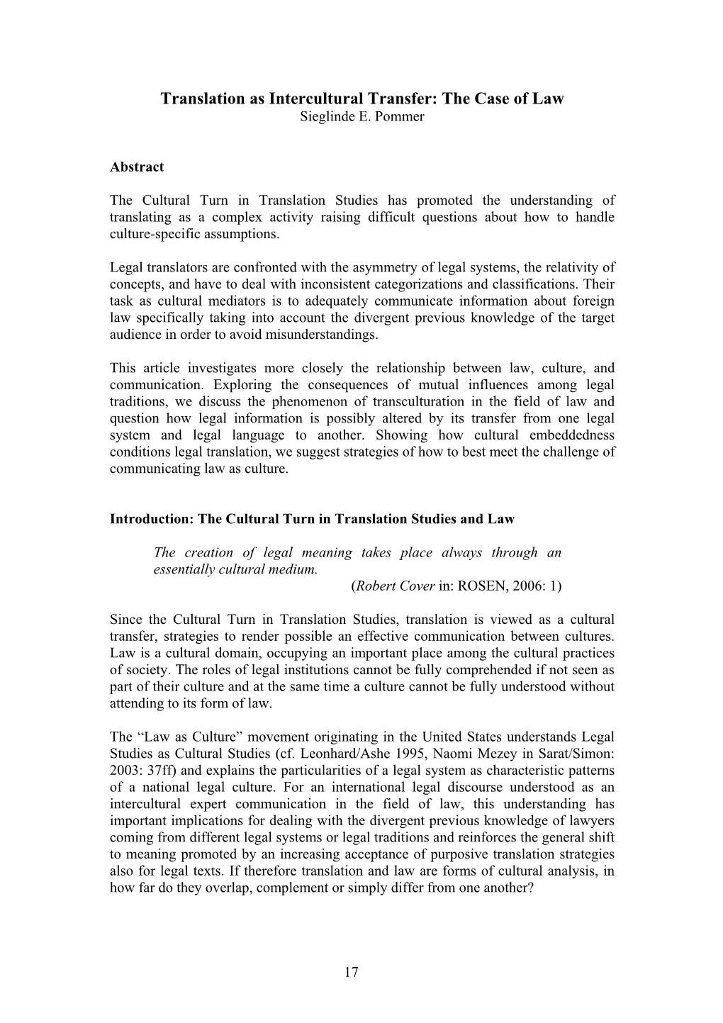 Translation As Intercultural Transfer: the Case of Law Sieglinde E