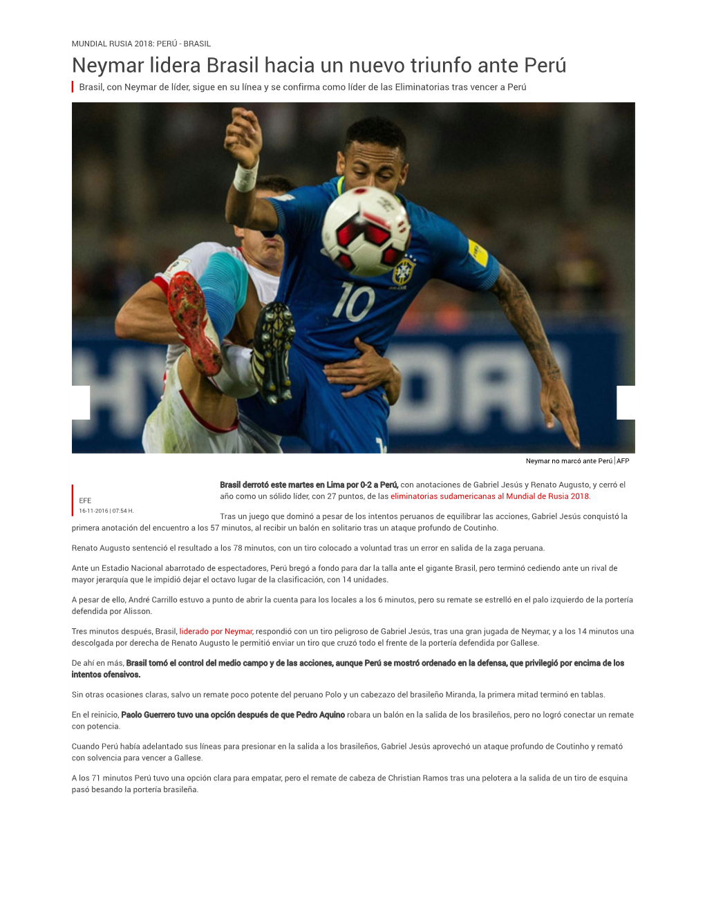 Neymar Lidera Brasil Hacia Un Nuevo Triunfo Ante Perú Brasil, Con Neymar De Líder, Sigue En Su Línea Y Se Confirma Como Líder De Las Eliminatorias Tras Vencer a Perú