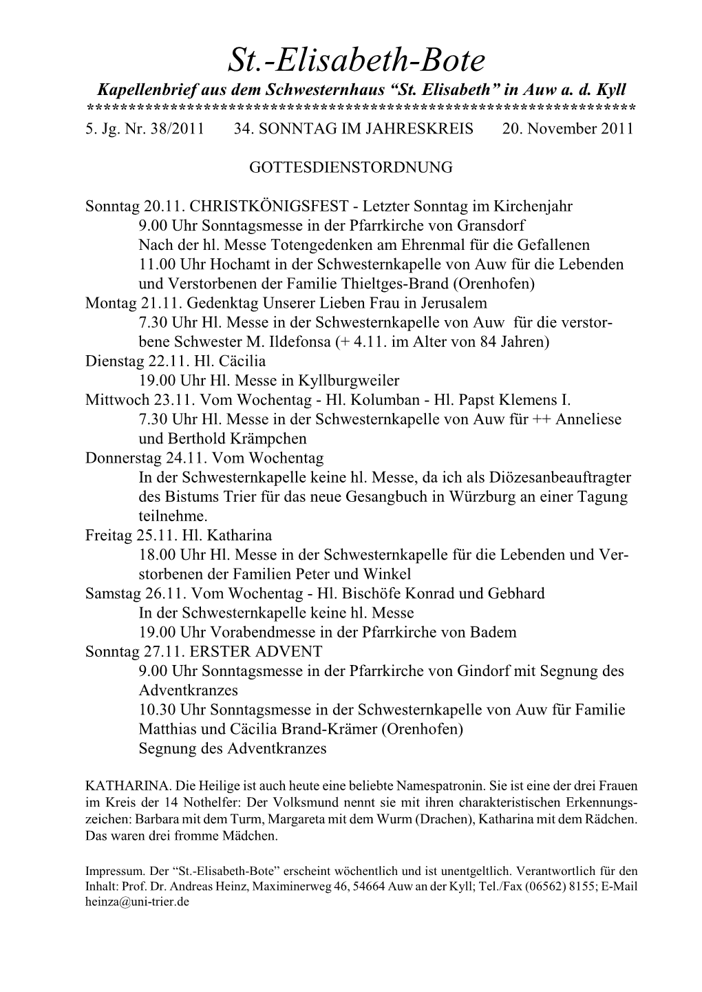 St.-Elisabeth-Bote Kapellenbrief Aus Dem Schwesternhaus “St