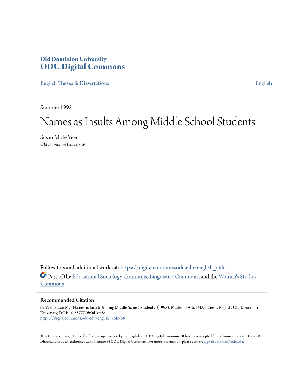 Names As Insults Among Middle School Students Susan M