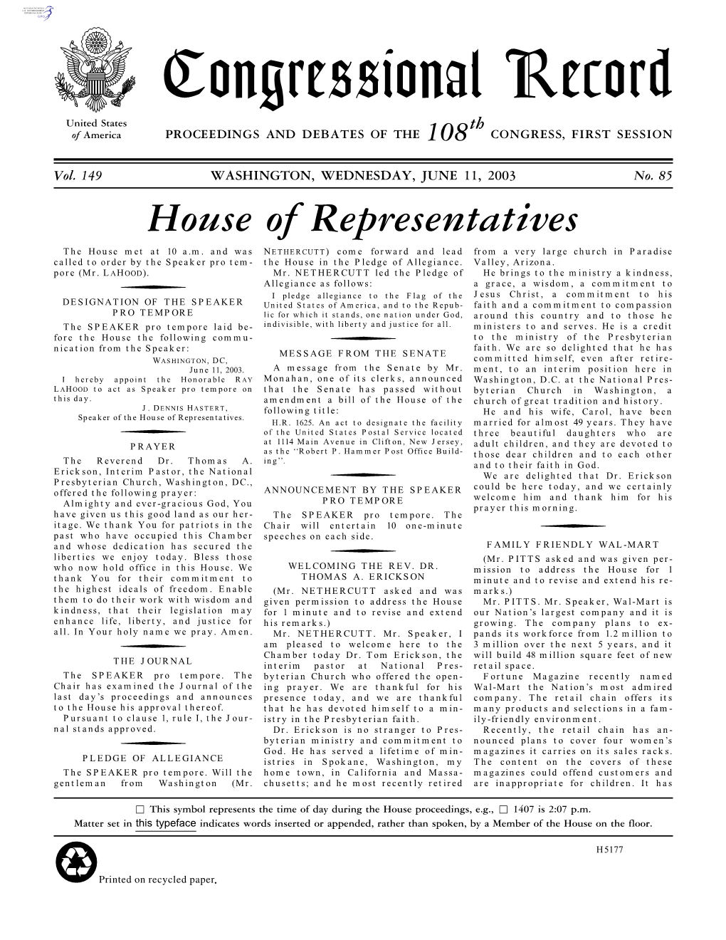 Congressional Record United States Th of America PROCEEDINGS and DEBATES of the 108 CONGRESS, FIRST SESSION