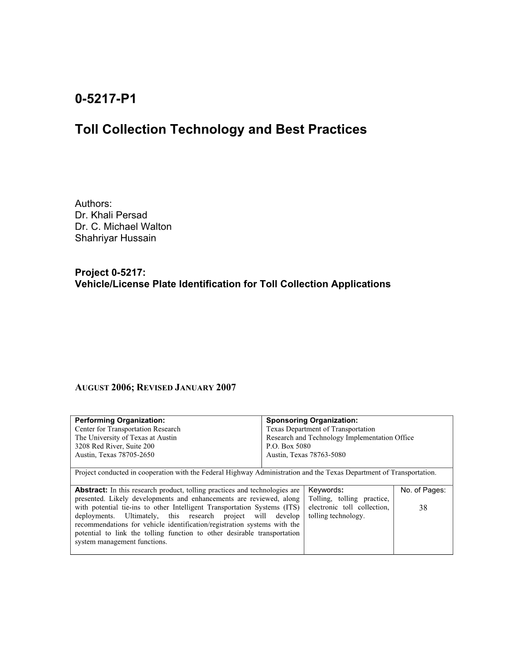 Toll Collection Technology and Best Practices (0-5217-P1)