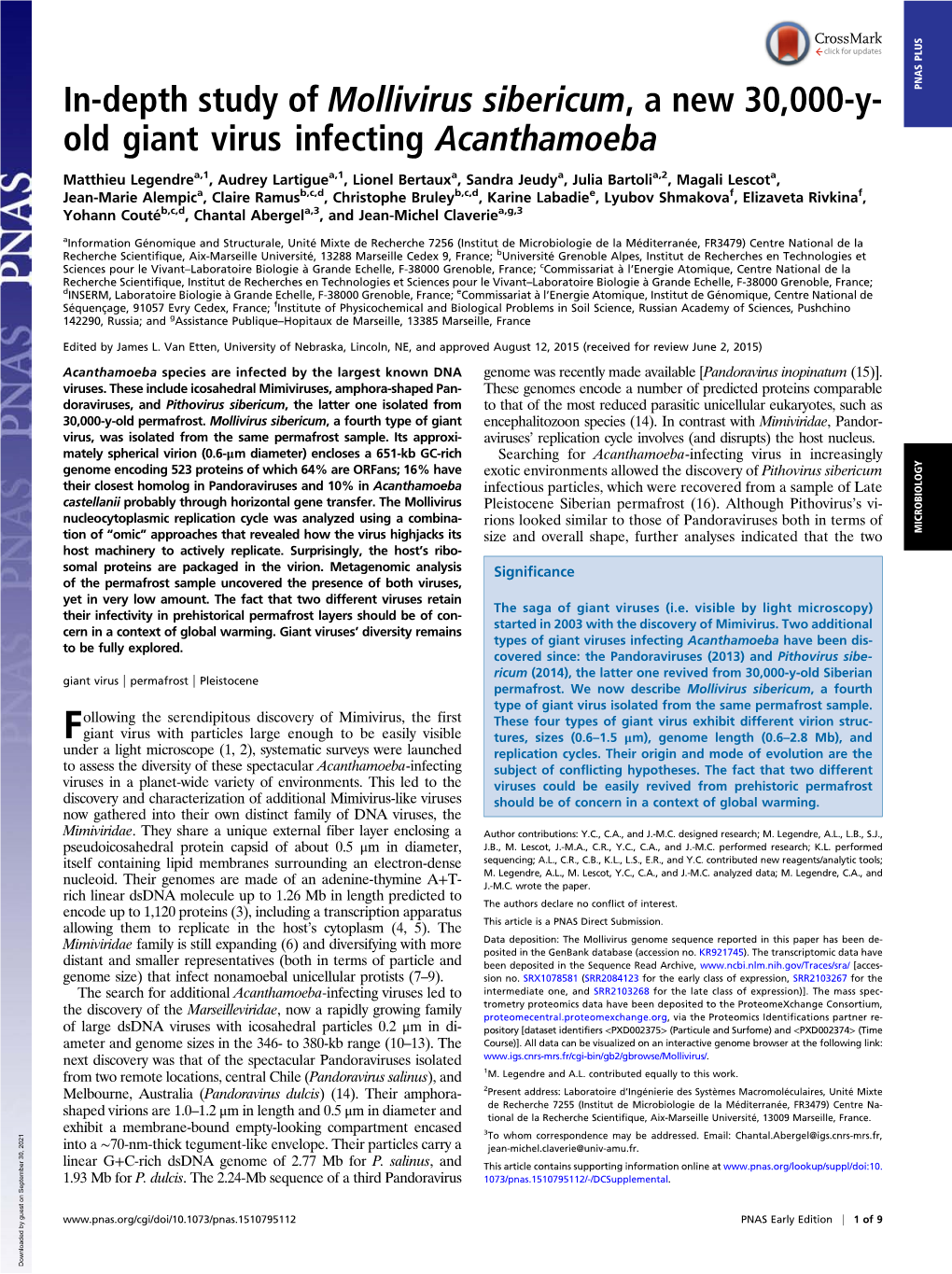 In-Depth Study of Mollivirus Sibericum, a New 30000-Y-Old Giant