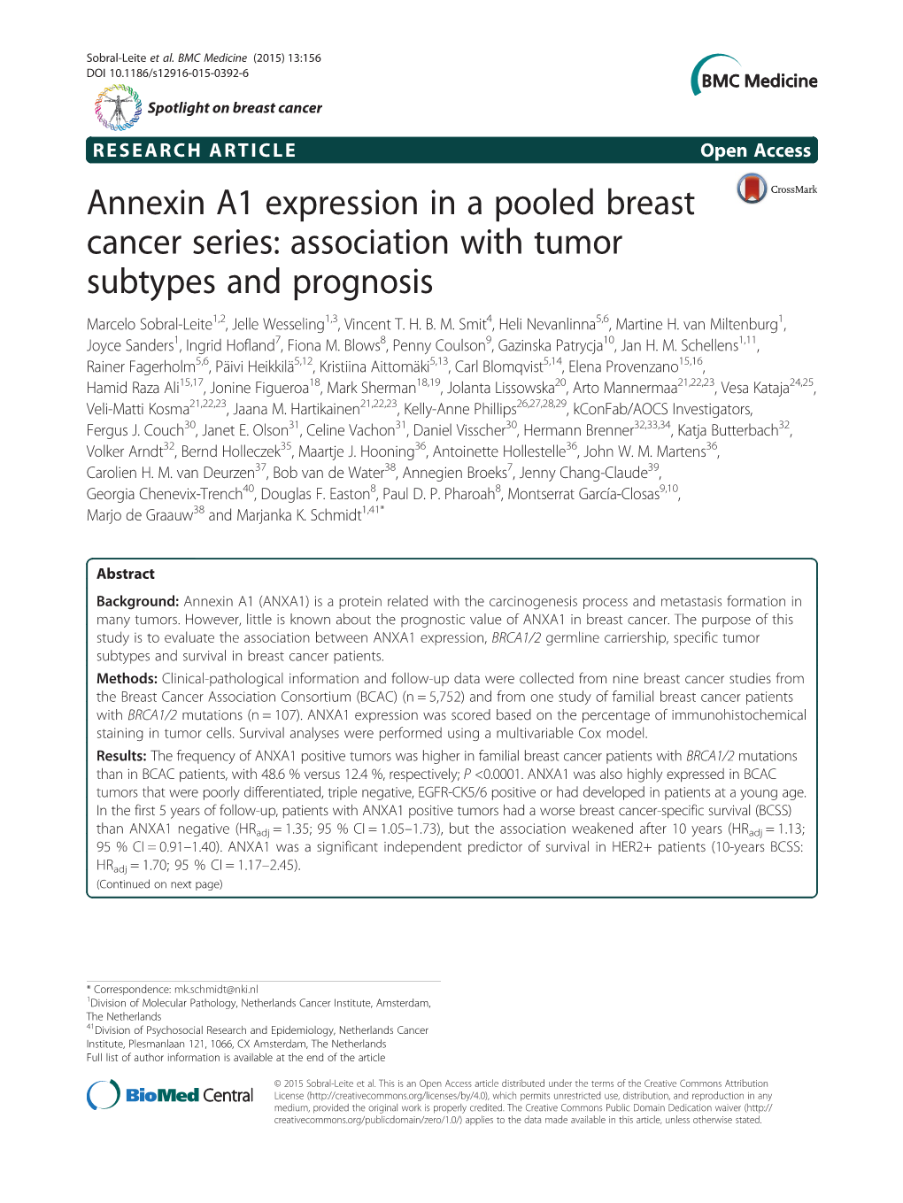 Annexin A1 Expression in a Pooled Breast Cancer Series: Association with Tumor Subtypes and Prognosis Marcelo Sobral-Leite1,2, Jelle Wesseling1,3, Vincent T