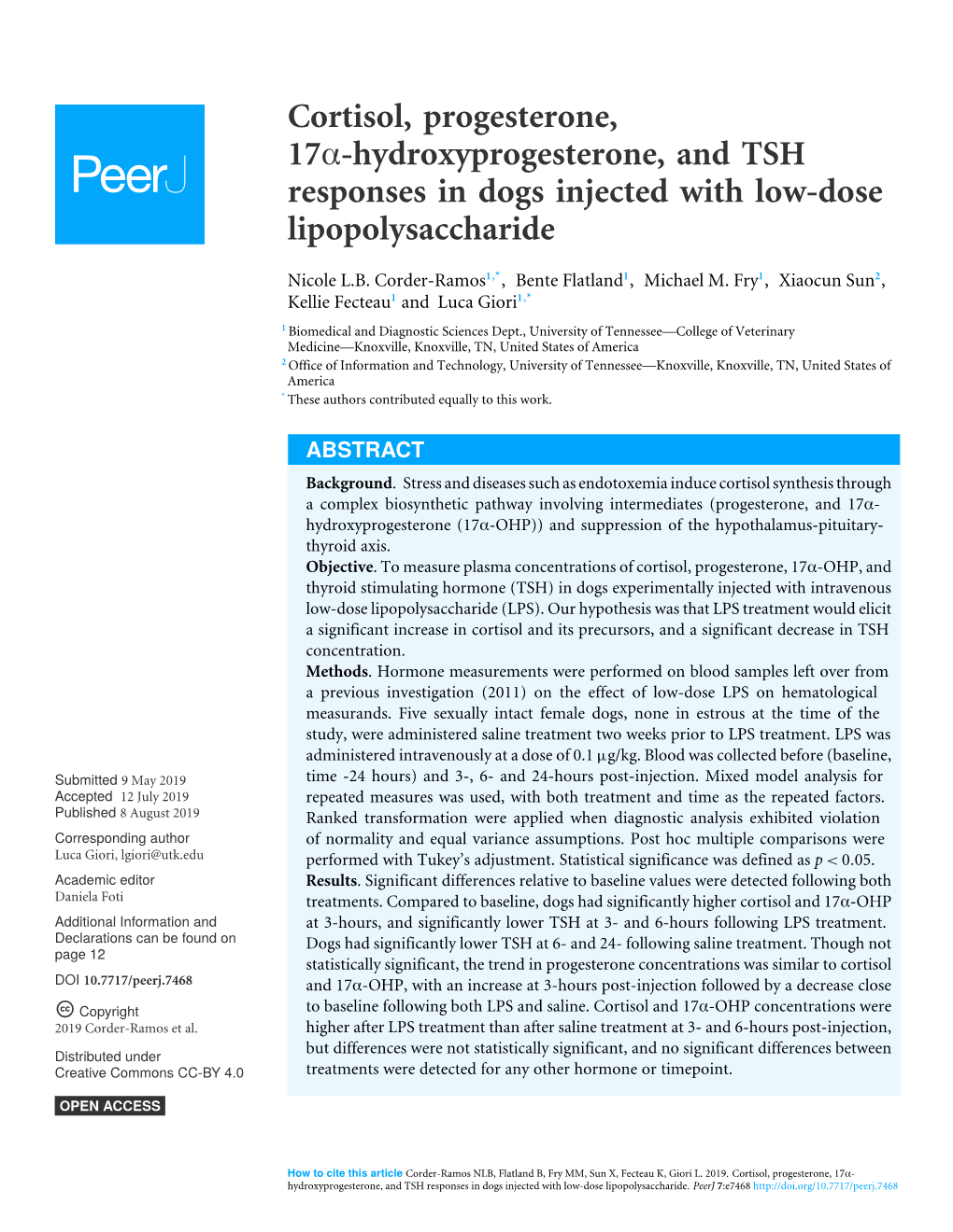 Cortisol, Progesterone, 17Α-Hydroxyprogesterone, and TSH Responses in Dogs Injected with Low-Dose Lipopolysaccharide