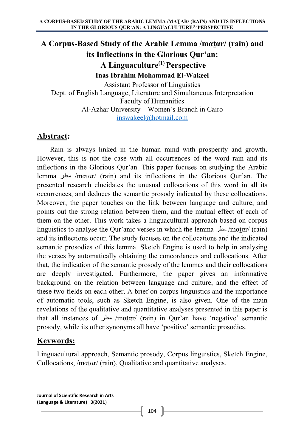 A Corpus-Based Study of the Arabic Lemma /Mαṯαr/ (Rain) and Its Inflections in the Glorious Qur’An: a Linguaculture(1) Perspective