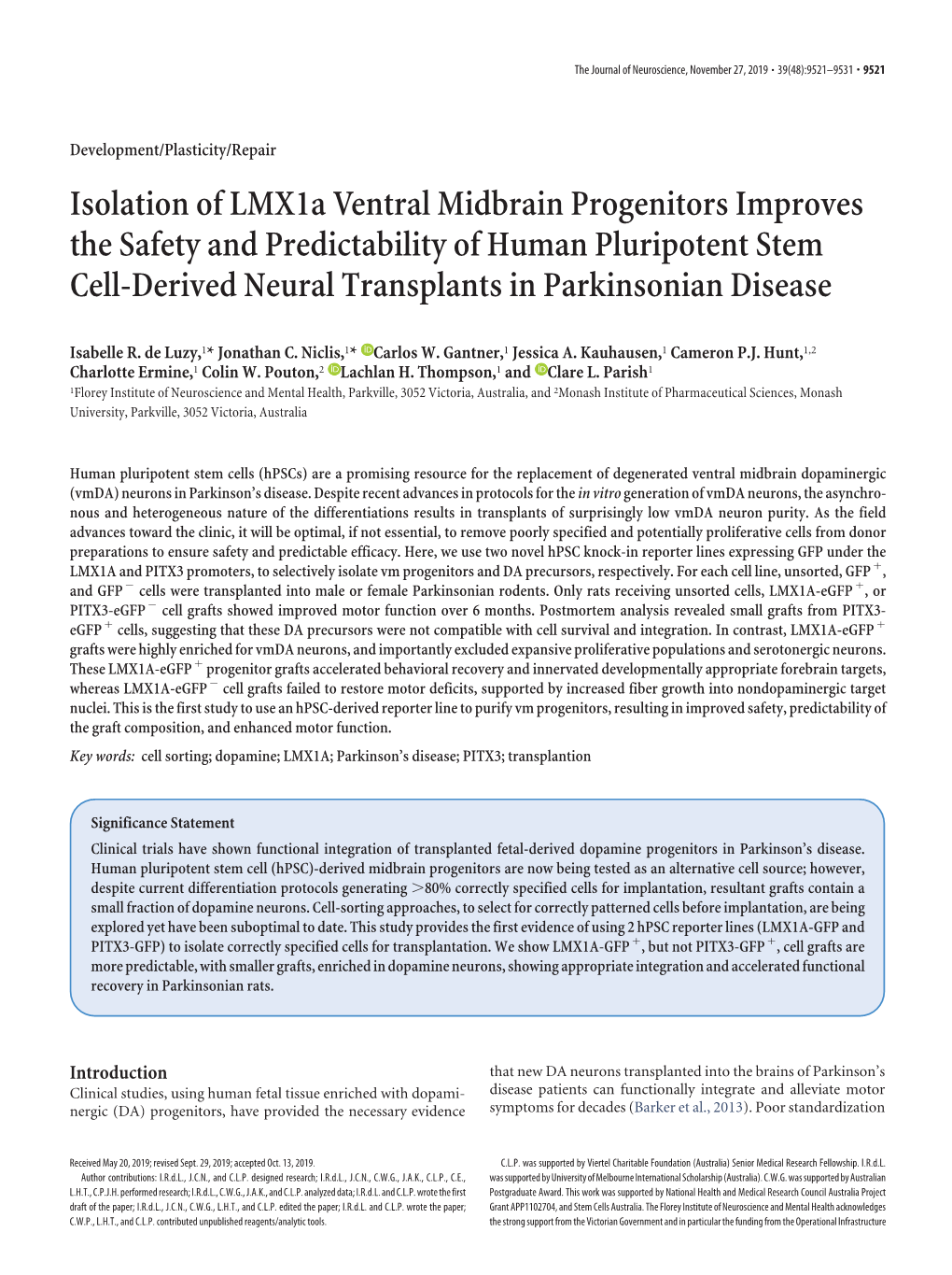 Isolation of Lmx1a Ventral Midbrain Progenitors Improves the Safety