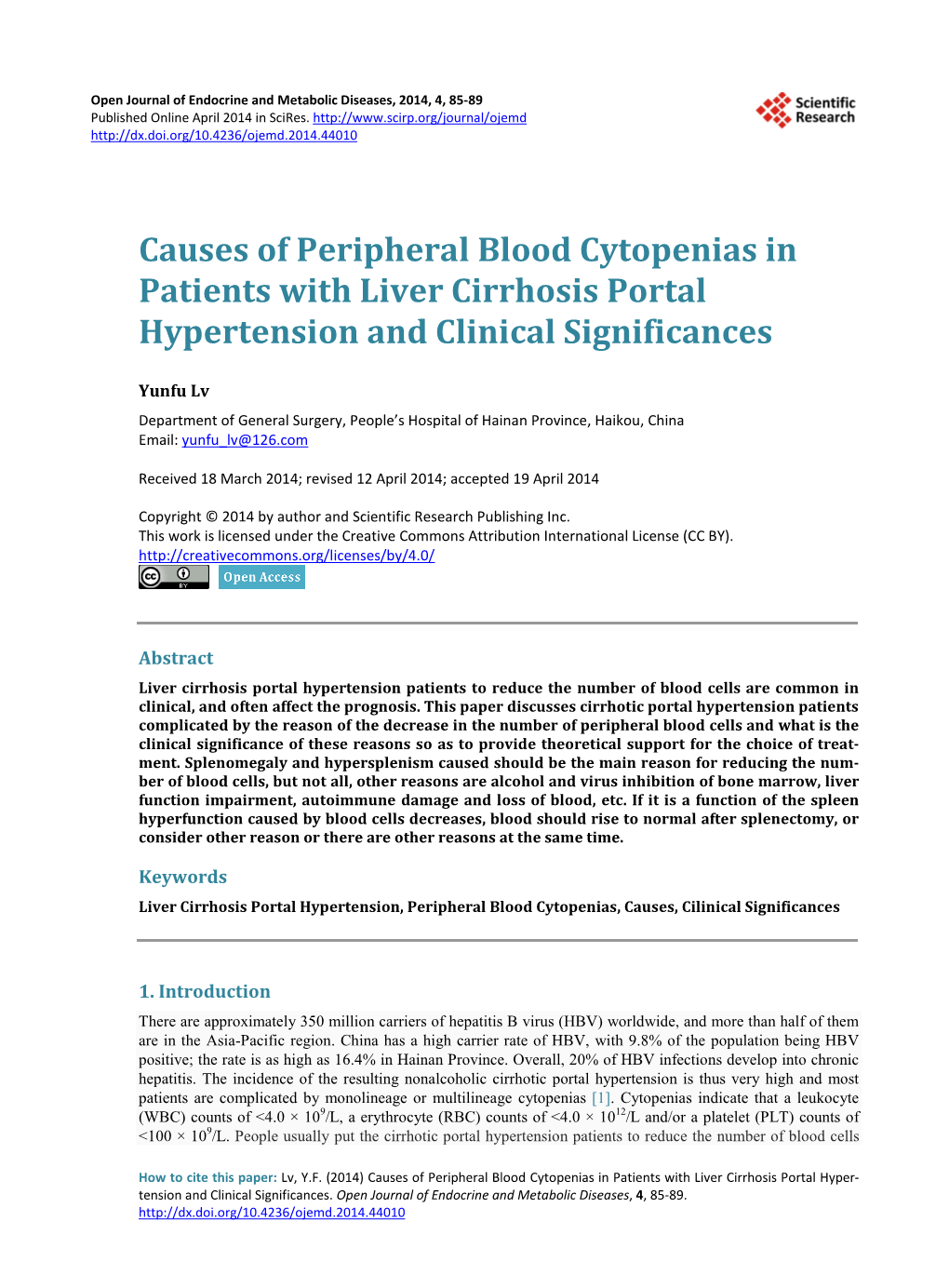 Causes of Peripheral Blood Cytopenias in Patients with Liver Cirrhosis Portal Hypertension and Clinical Significances