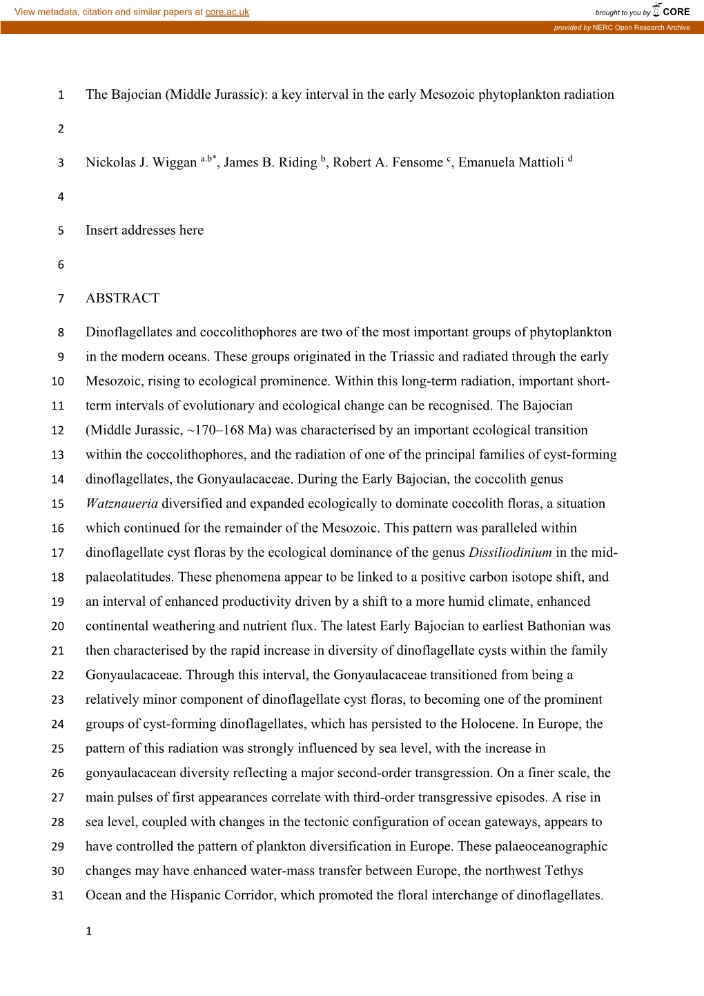 (Middle Jurassic): a Key Interval in the Early Mesozoic Phytoplankton Radiation