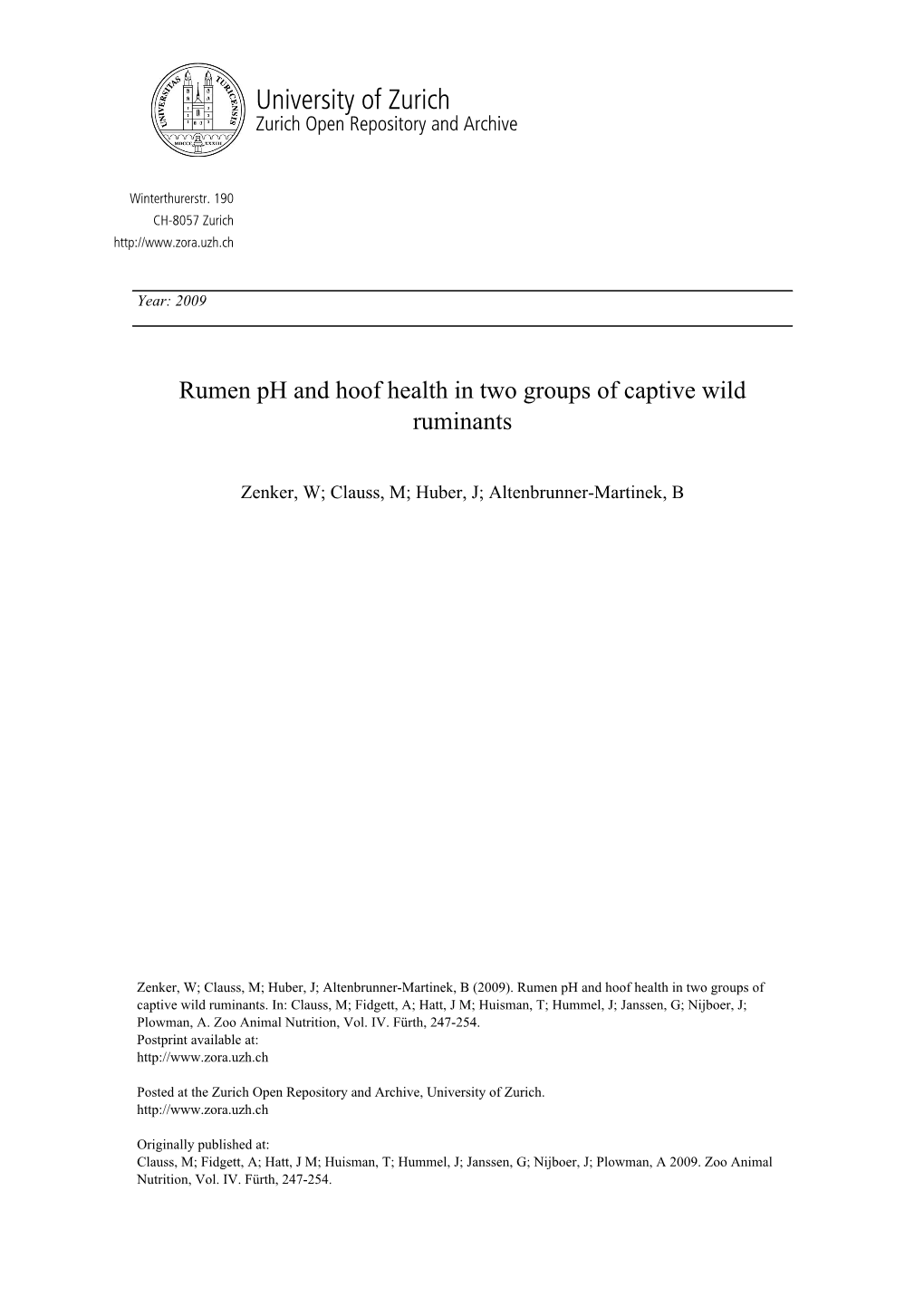 Rumen Ph and Hoof Health in Two Groups of Captive Wild Ruminants