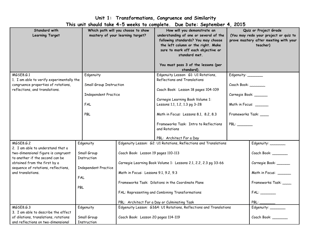 Unit 1: Transformations, Congruence and Similarity