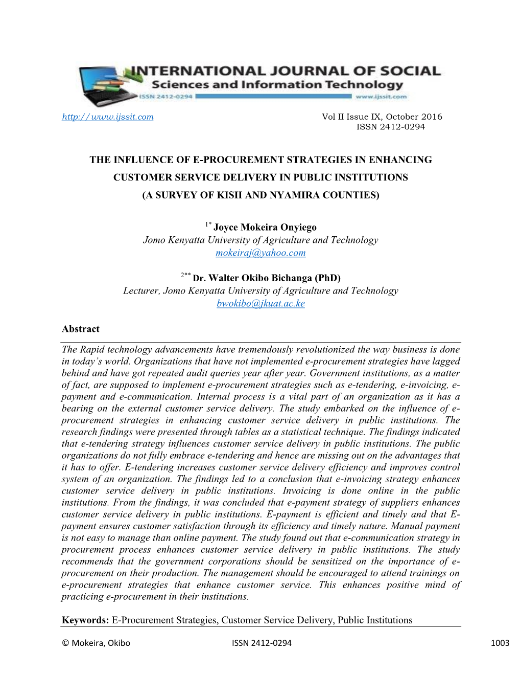 The Influence of E-Procurement Strategies in Enhancing Customer Service Delivery in Public Institutions (A Survey of Kisii and Nyamira Counties)