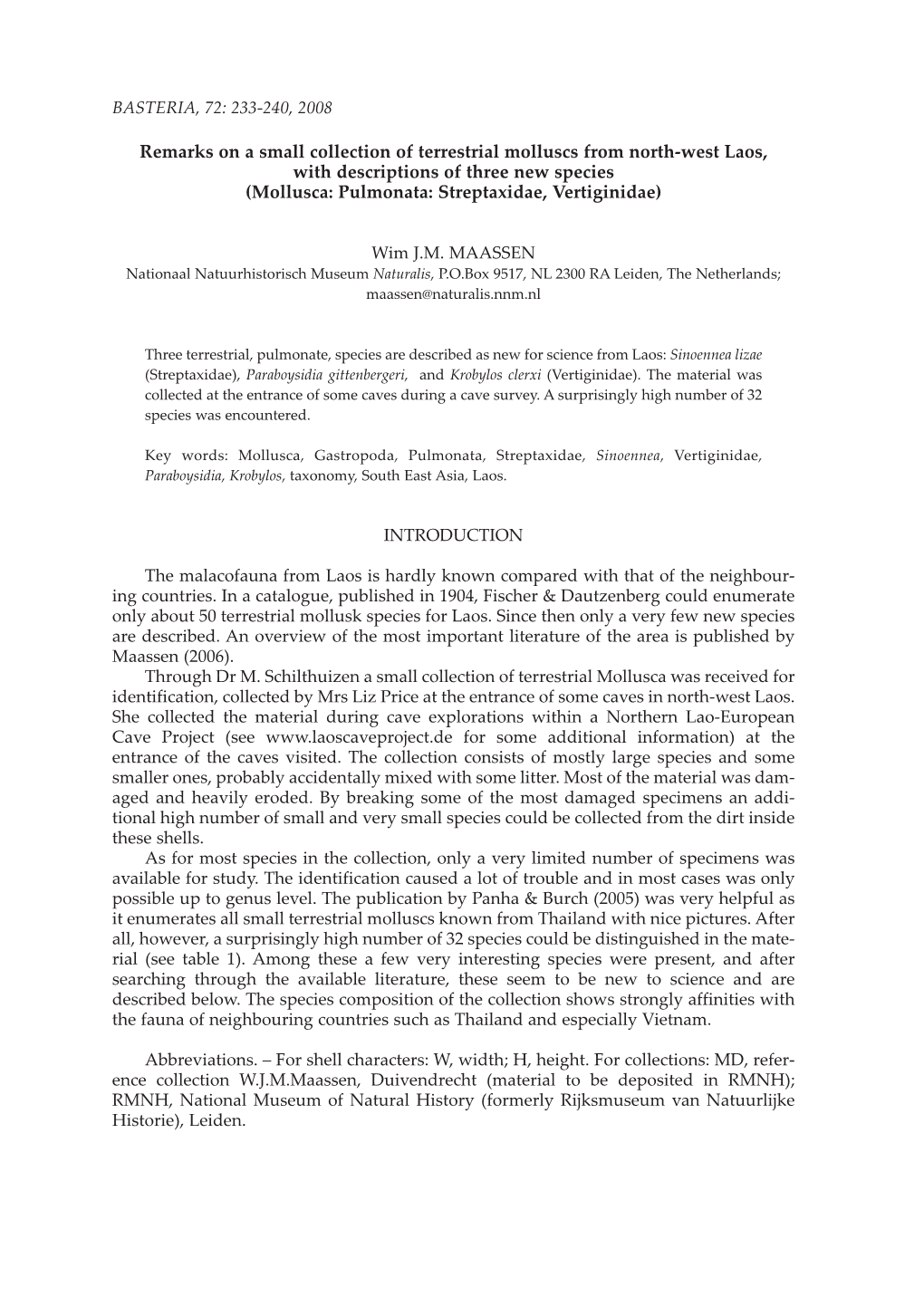 Remarks on a Small Collection of Terrestrial Molluscs from North-West Laos, with Descriptions of Three New Species (Mollusca: Pulmonata: Streptaxidae, Vertiginidae)