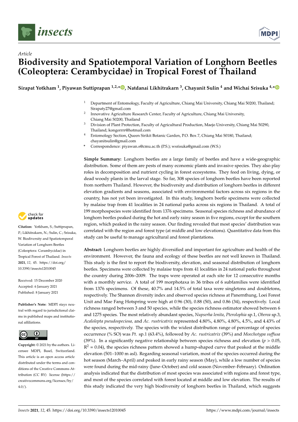 Coleoptera: Cerambycidae) in Tropical Forest of Thailand