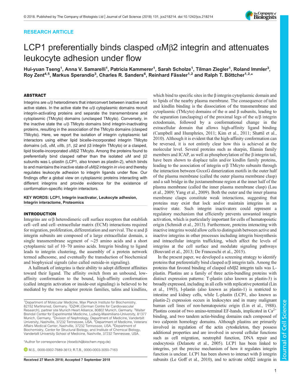 LCP1 Preferentially Binds Clasped Αmβ2 Integrin and Attenuates Leukocyte Adhesion Under Flow Hui-Yuan Tseng1, Anna V