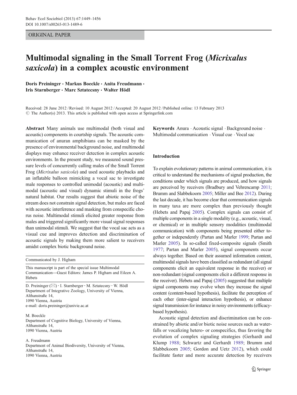 Multimodal Signaling in the Small Torrent Frog (Micrixalus Saxicola) in a Complex Acoustic Environment