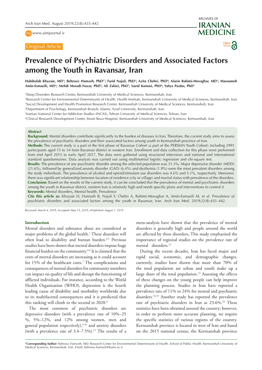 Prevalence of Psychiatric Disorders and Associated Factors Among the Youth in Ravansar, Iran