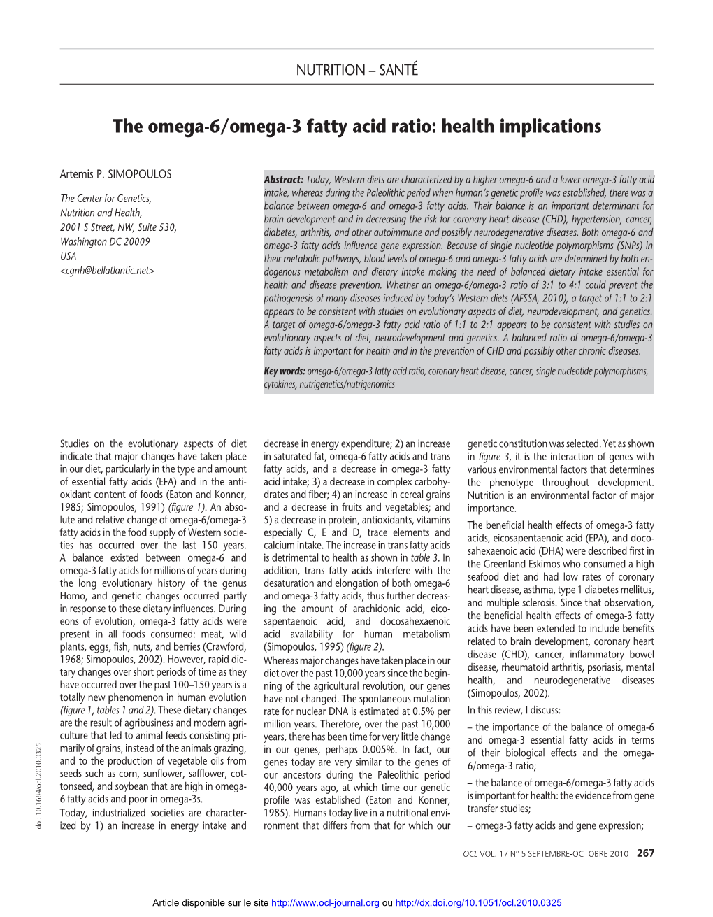 The Omega-6/Omega-3 Fatty Acid Ratio: Health Implications