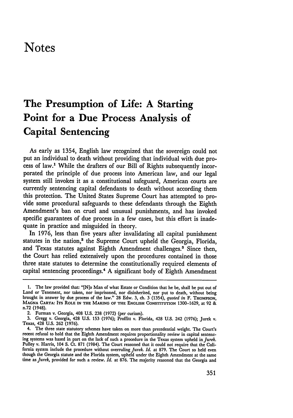 The Presumption of Life: a Starting Point for a Due Process Analysis of Capital Sentencing