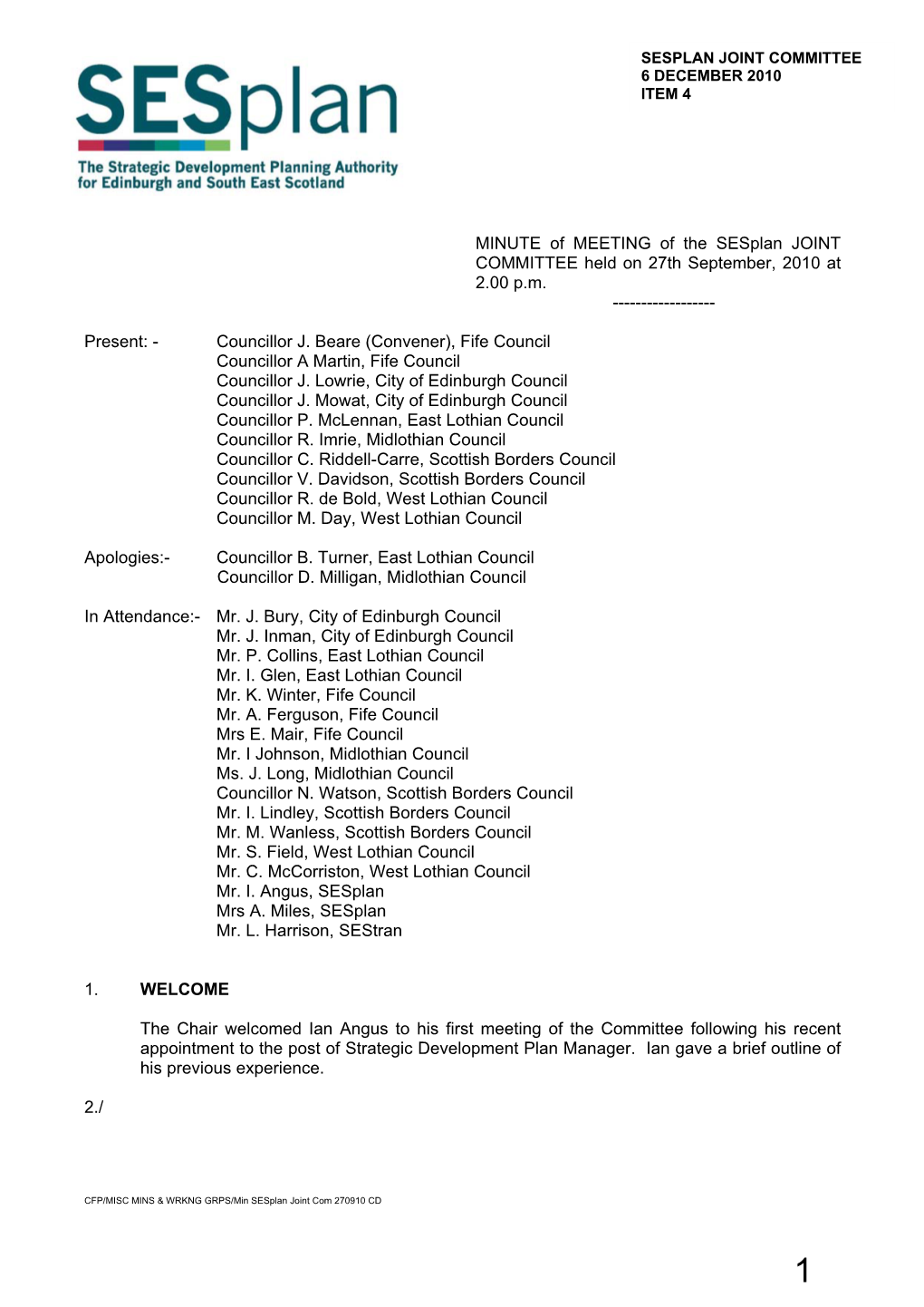 MINUTE of MEETING of the Sesplan JOINT COMMITTEE Held on 27Th September, 2010 at 2.00 P.M