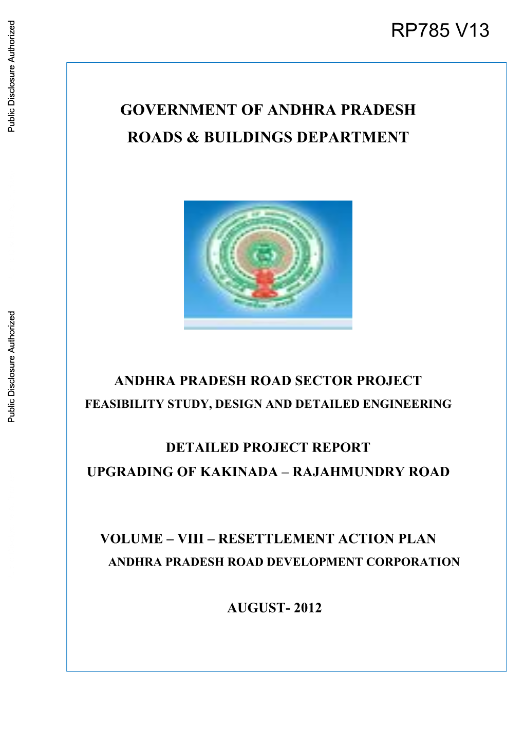 Resettlement Action Plan Andhra Pradesh Road Development Corporation