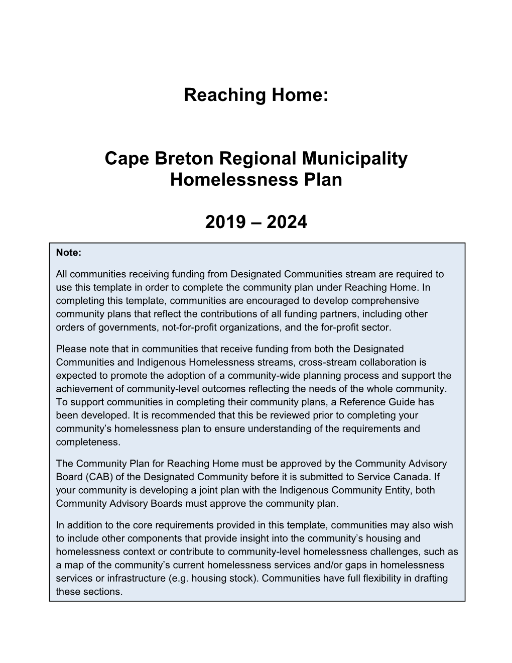 Cape Breton Regional Municipality Homelessness Plan 2019