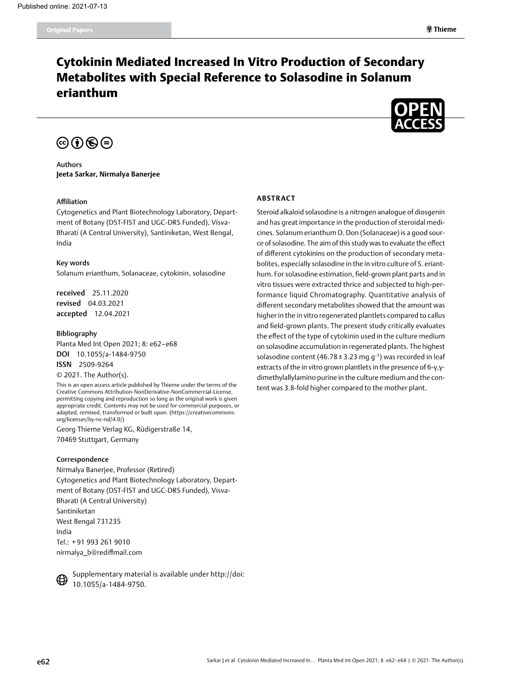 Cytokinin Mediated Increased in Vitro Production of Secondary Metabolites with Special Reference to Solasodine in Solanum Erianthum