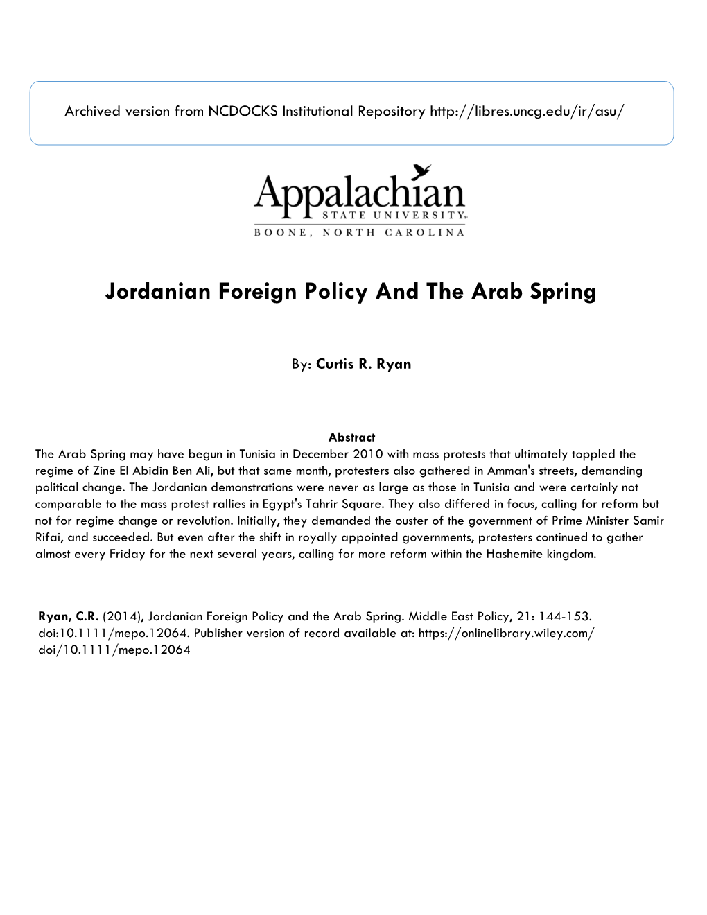 Jordanian Foreign Policy and the Arab Spring