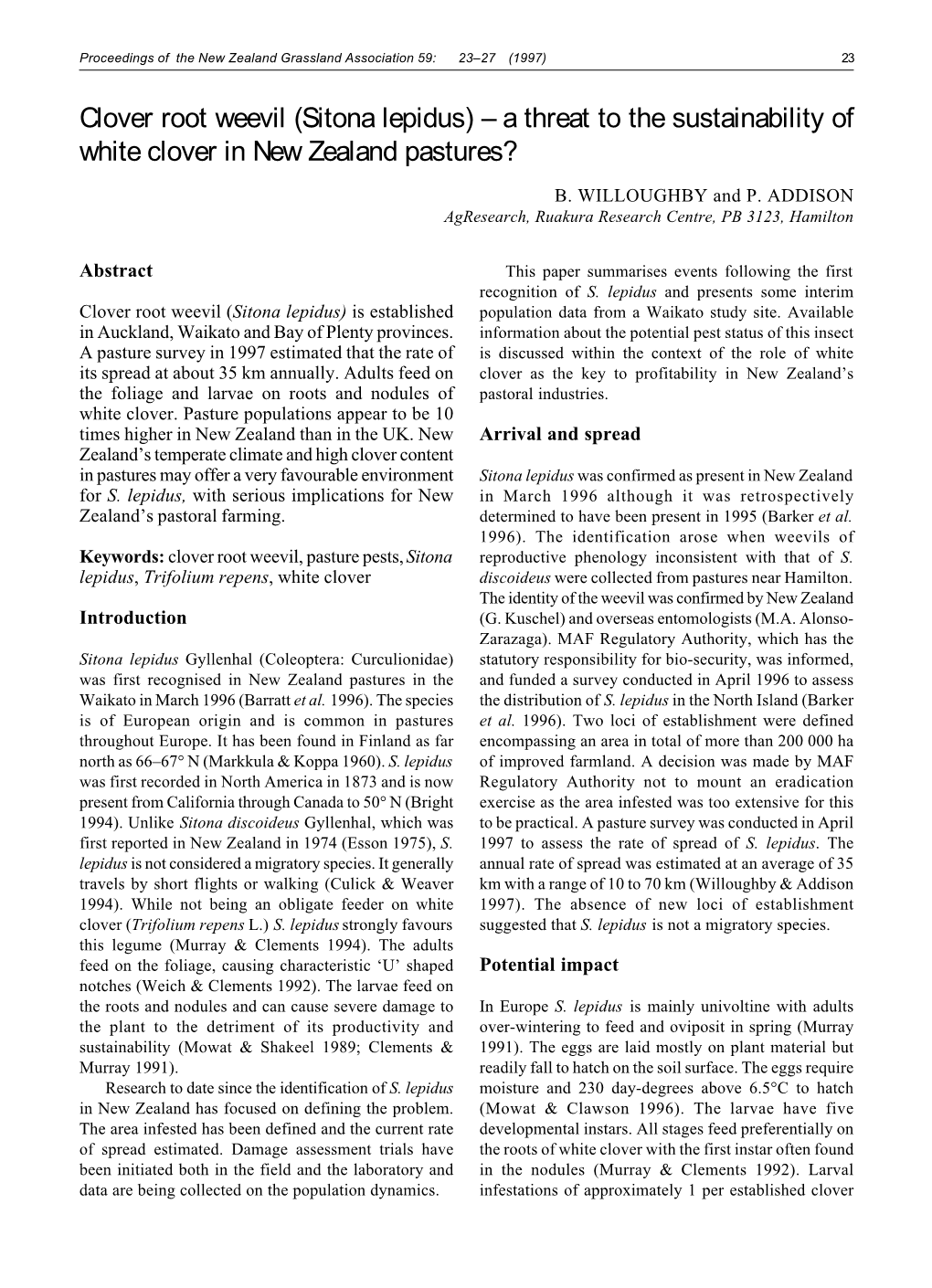 Clover Root Weevil (Sitona Lepidus) – a Threat to the Sustainability of White Clover in New Zealand Pastures?