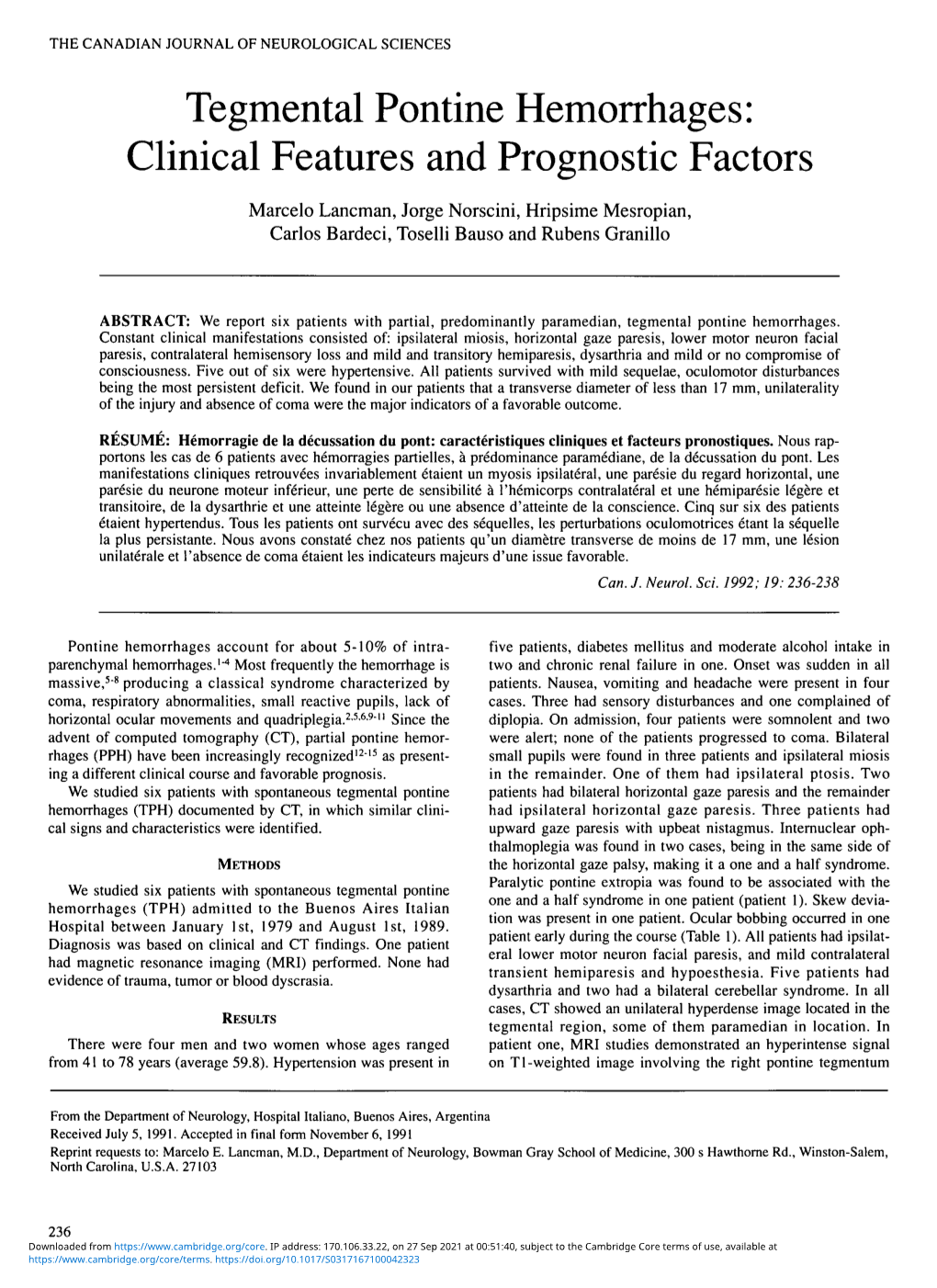 Tegmental Pontine Hemorrhages: Clinical Features and Prognostic Factors