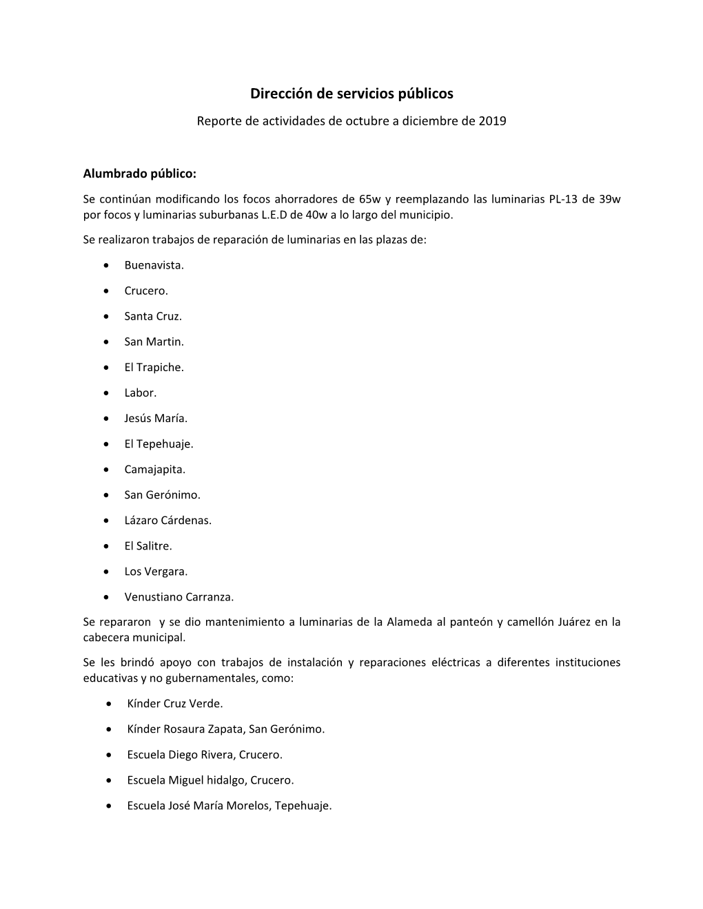 Servicios Públicos Reporte De Actividades De Octubre a Diciembre De 2019