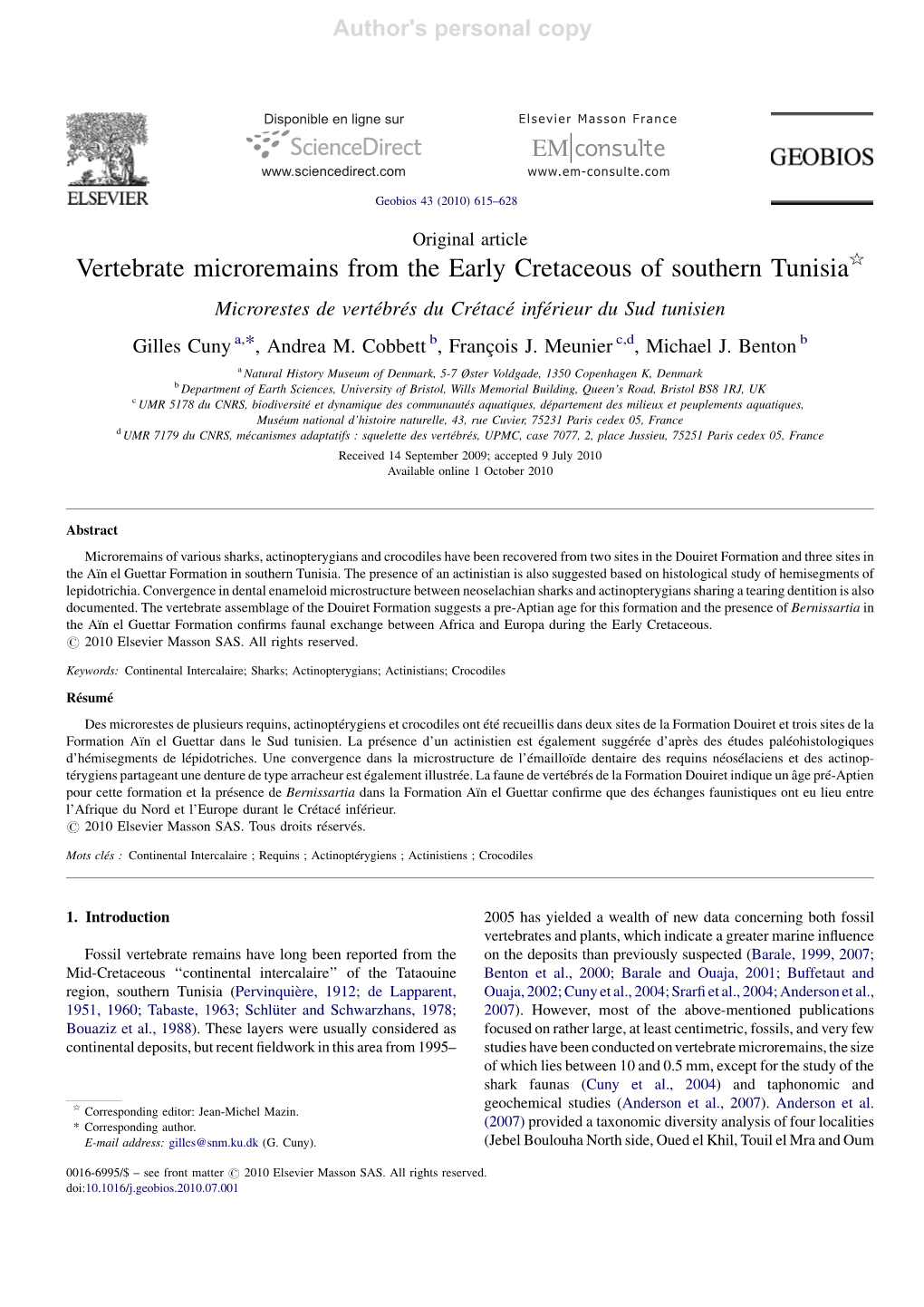 Vertebrate Microremains from the Early Cretaceous of Southern Tunisia§ Microrestes De Vertébrés Du Crétacé Inférieur Du Sud Tunisien Gilles Cuny A,*, Andrea M