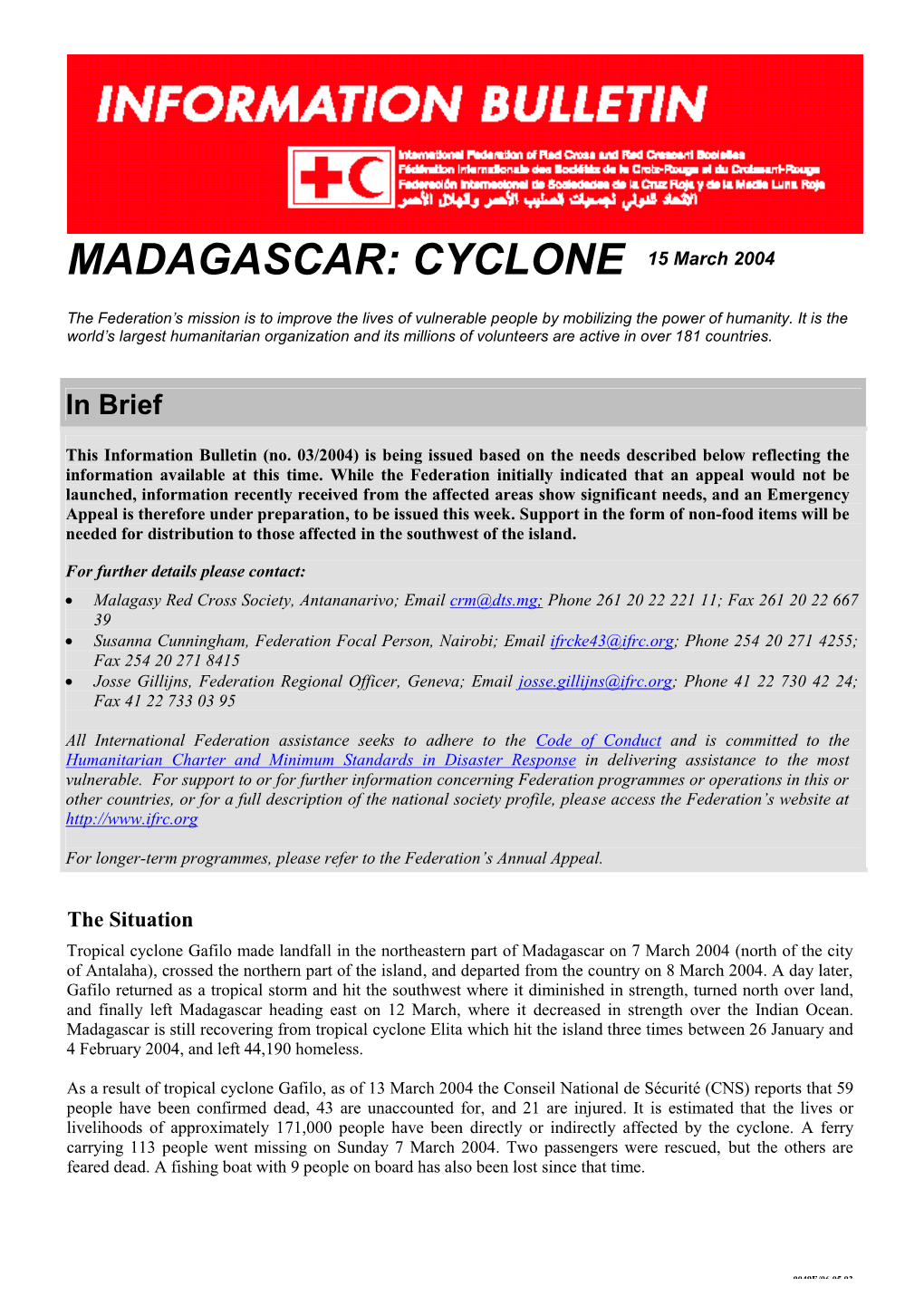 MADAGASCAR: CYCLONE 15 March 2004