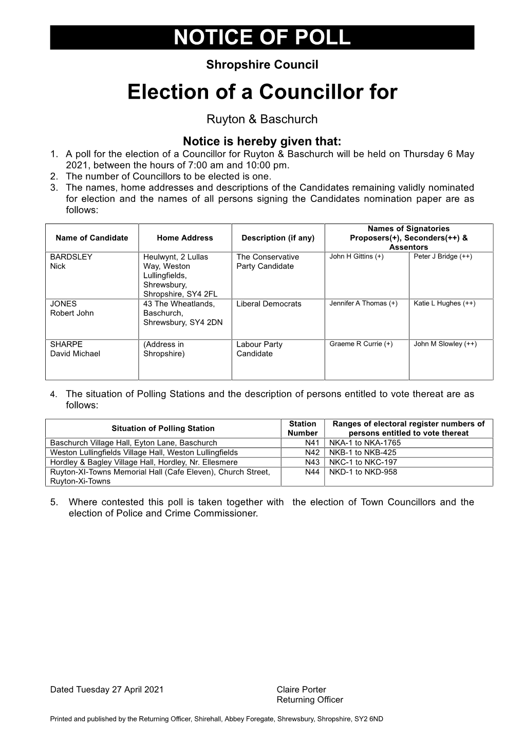 NOTICE of POLL Election of a Councillor