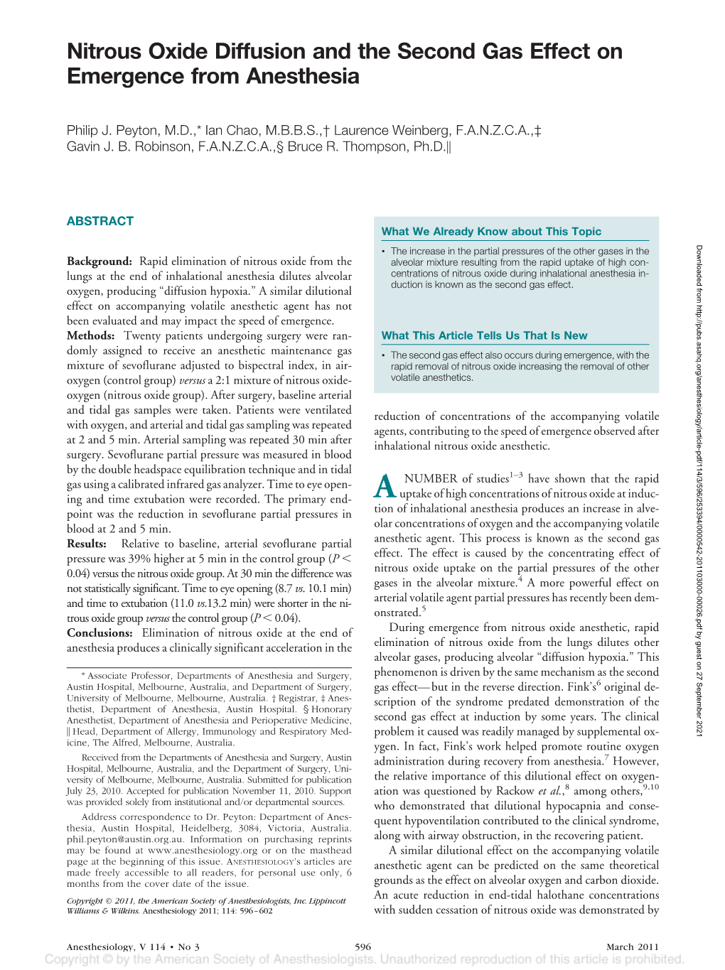 Nitrous Oxide Diffusion and the Second Gas Effect on Emergence from Anesthesia