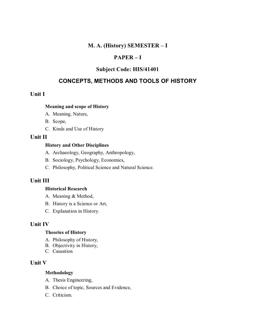 MA (History) SEMESTER – I PAPER – I Subject Code