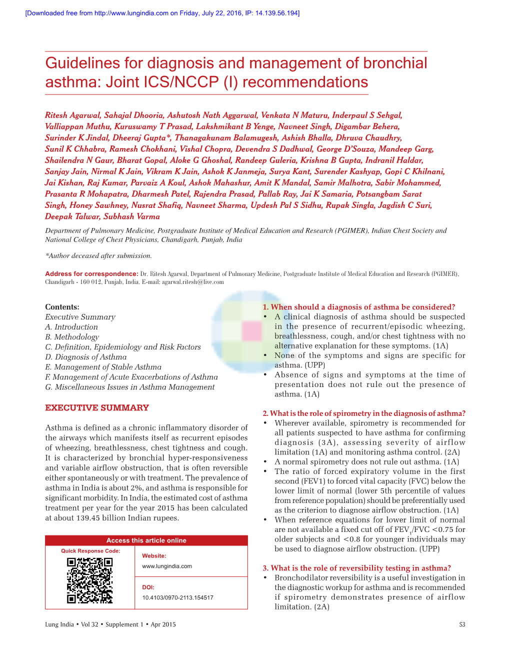 Guidelines for Diagnosis and Management of Bronchial Asthma: Joint ICS/NCCP (I) Recommendations