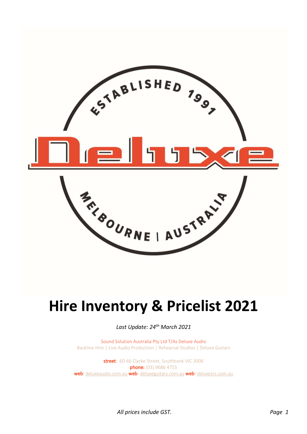 Hire Inventory & Pricelist 2021