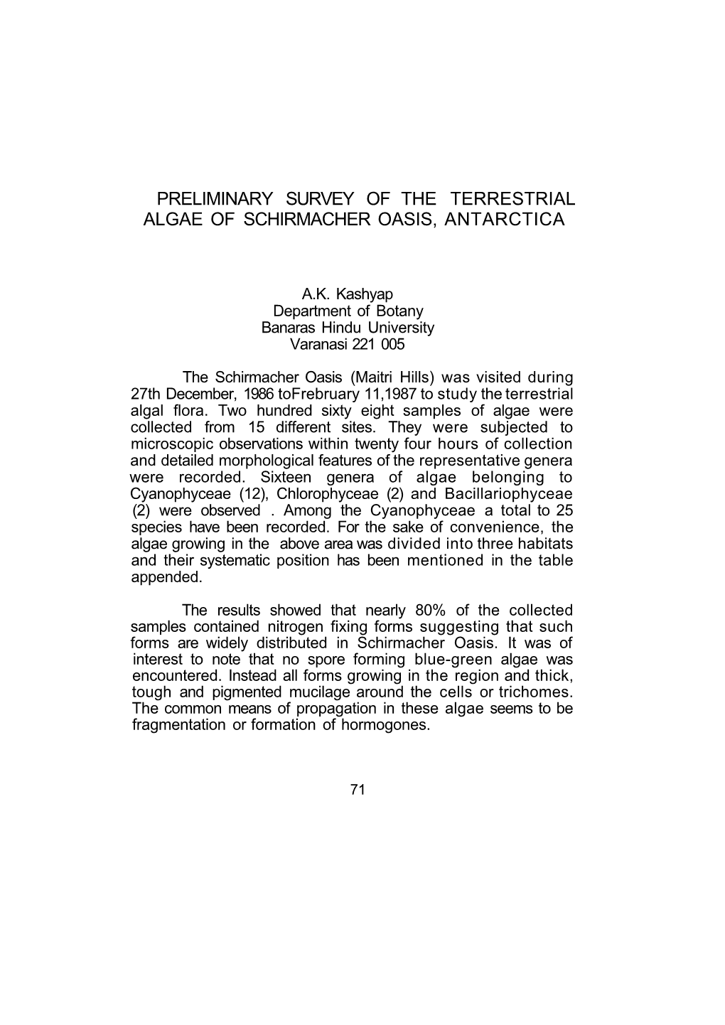 Preliminary Survey of the Terrestrial Algae of Schirmacher Oasis, Antarctica